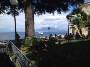 View of the Bay of Naples with Vesuvius in the distance.